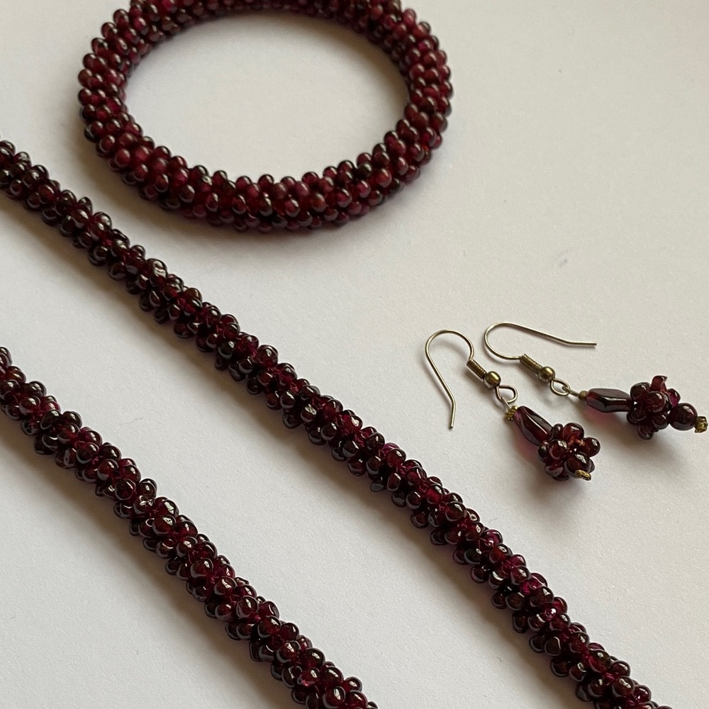 Vintage Garnet Rope Necklace, Bracelet and Earrings (Set)